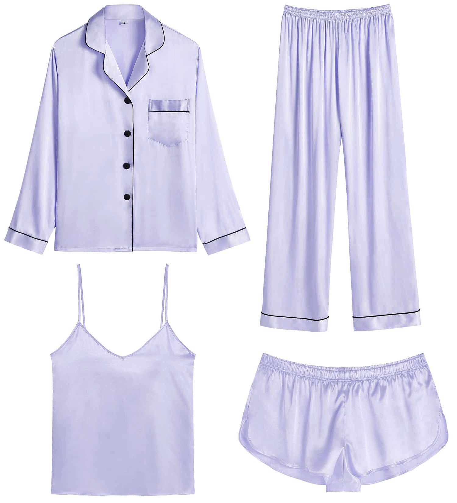 SWOMOG Womens 4pcs Pajamas Sets Silk Satin Pjs Sexy Cami Shorts Set Button Down Long Short Sleeve Sleepwear Loungewear