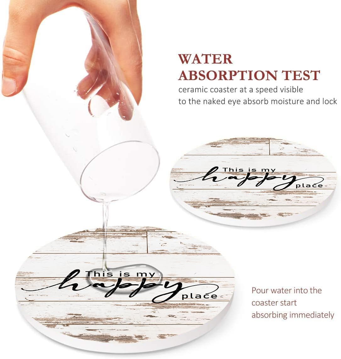 Coasters for Drinks Set of 6, Vintage Rusty Wood Farmhouse Home Happy Saying Absorbent Round Ceramic Stone Mat, with Cork Base and Metal Holder, Gift for Housewarming Room Bar Decor - Image 3