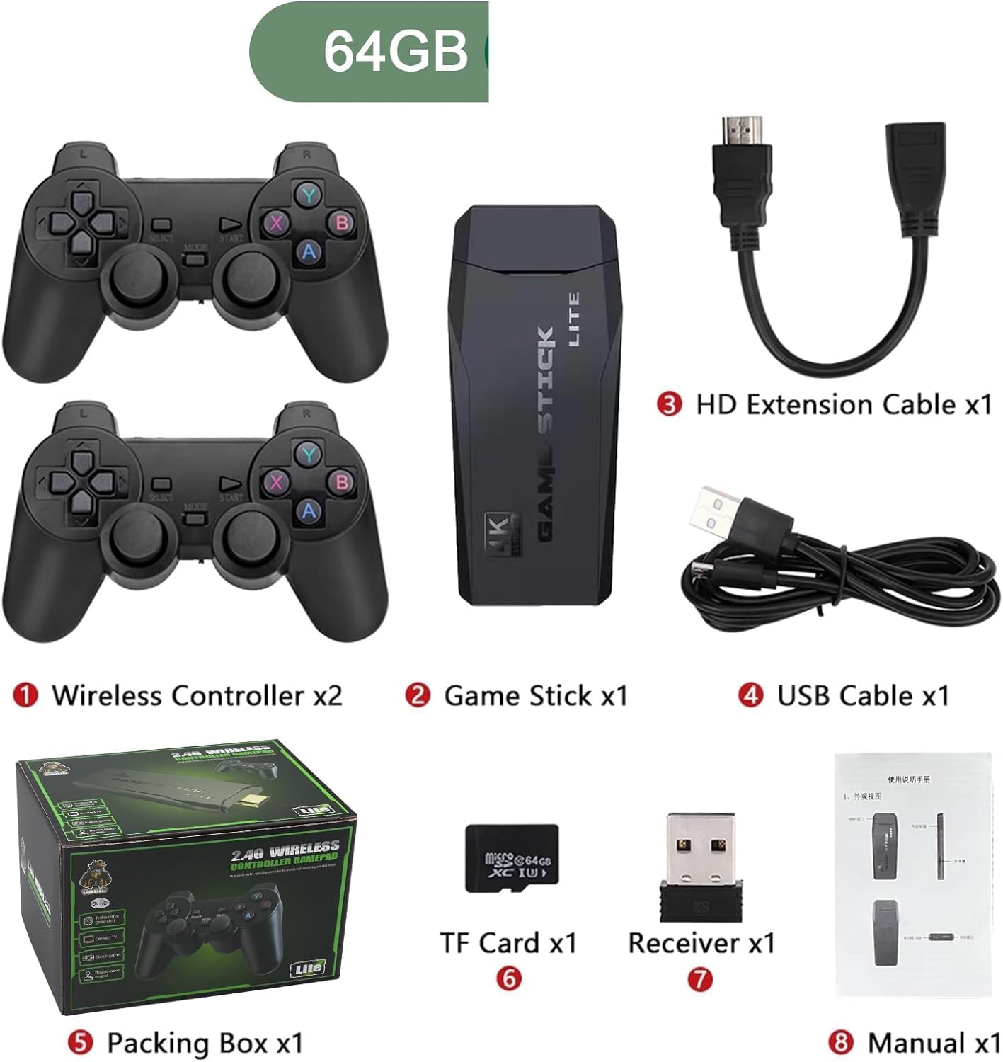 Retro Gaming Stick - Spielekonsole mit 4K HDMI-Ausgang, 64G M8 Videospielkonsole, 20000+ Spiele, 2.4G Wireless Game Controller, TV Videospielmaschin