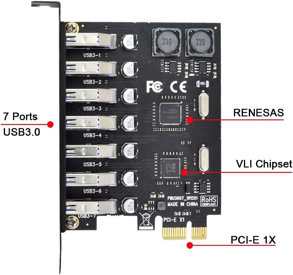 chenyang 7 Port PCI-E 1X to 7 USB 3.0 HUB PCI Express Expansion Card Adapter with 120mm PCI-E Slot Bracket