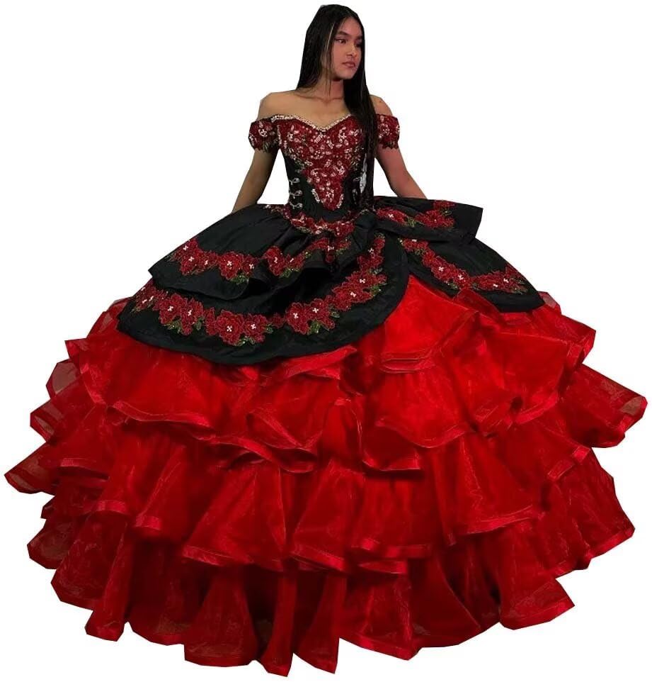 New 2025 Red Floral Flower Pattern Ball Gown Ruffles Quinceanera Prom Dresses Charro Mexican