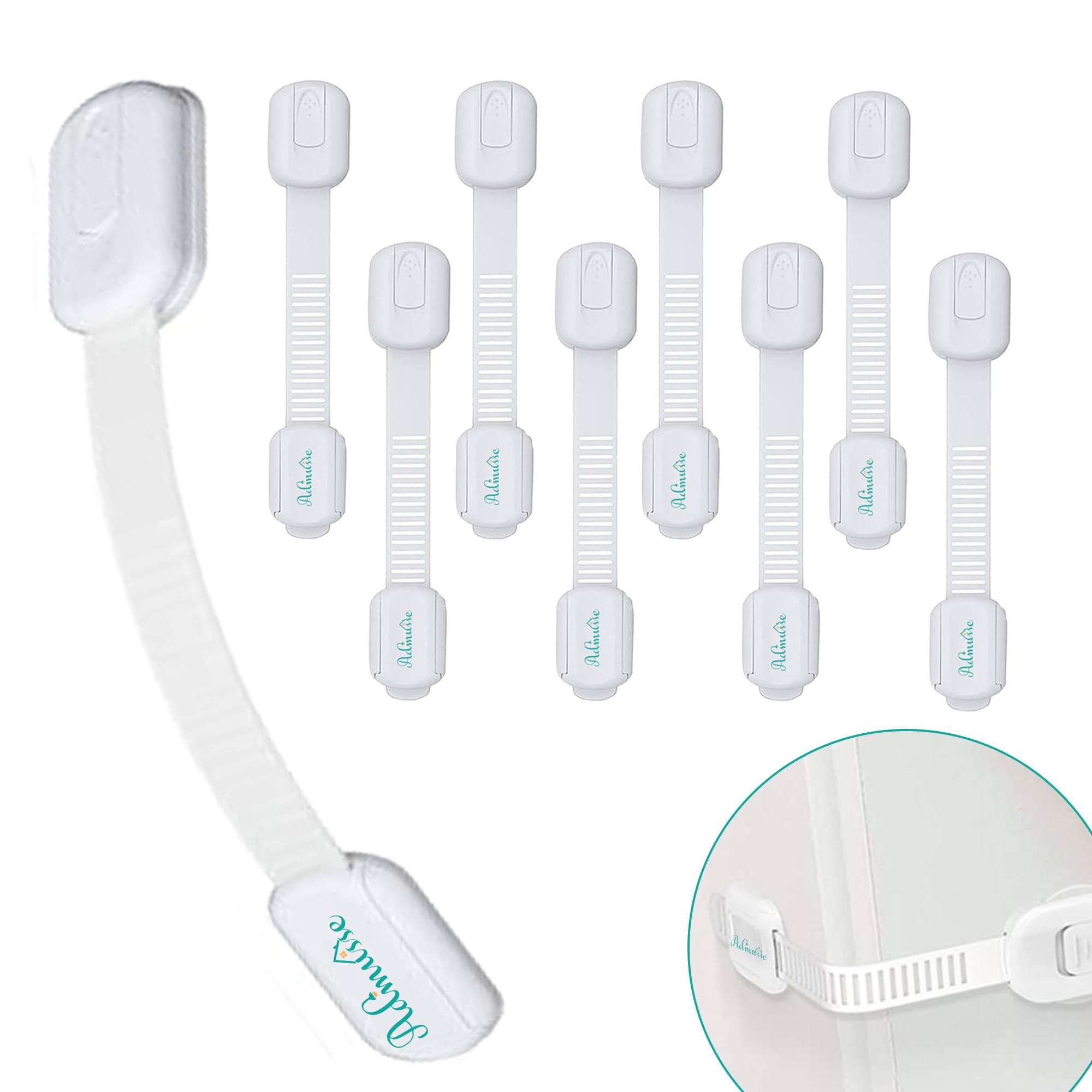 Admusse Baby Safety Locks (8 Pack) 3M Adhesive Cabinet Proofing Drawer Lock Fridge, Oven, Toilet Seat and Kitchen Lock Latches Child protection Lock Cabinet Straps