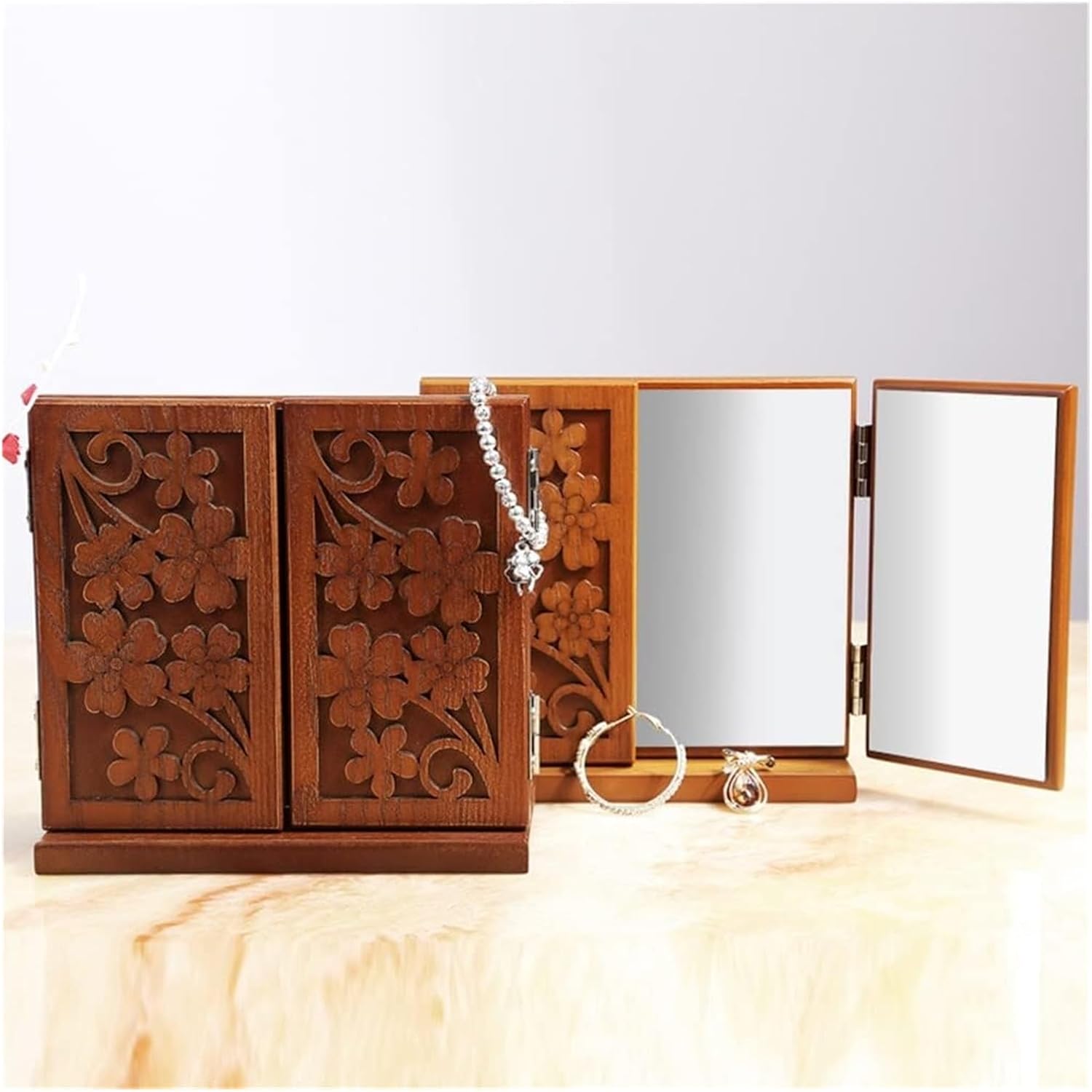 Desktop Makeup Small Mirror Carved Foldable Three-Sided Dressing En