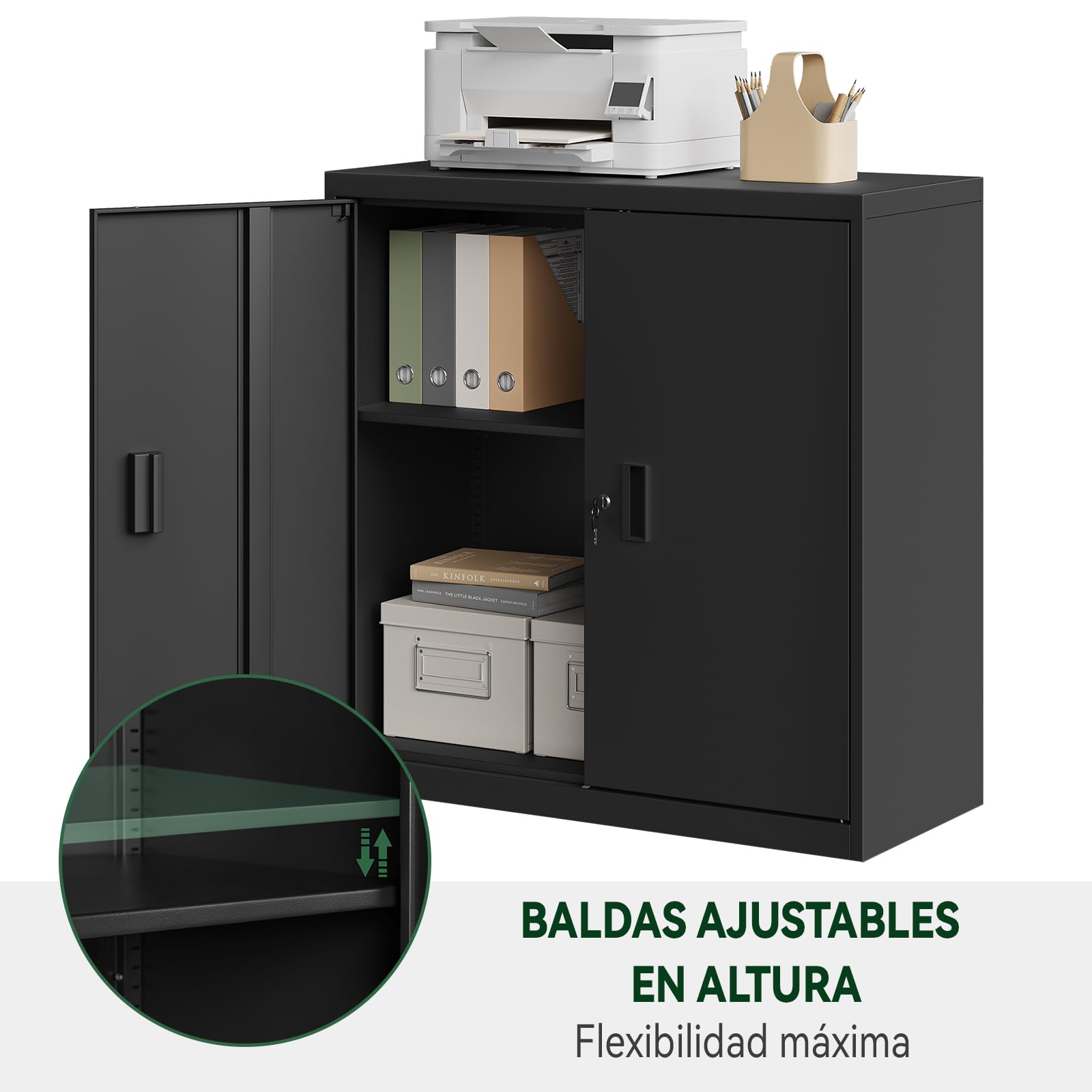 WOLTU Archivador Armario Oficina, Armario Metalico con Cerradura, Cajonera Escritorio Multiusos, Mueble Archivador 2 Puertas, Mueble Auxiliar para Oficina y Estudio, Negro, A90xA92xF40cm, ASK12sz