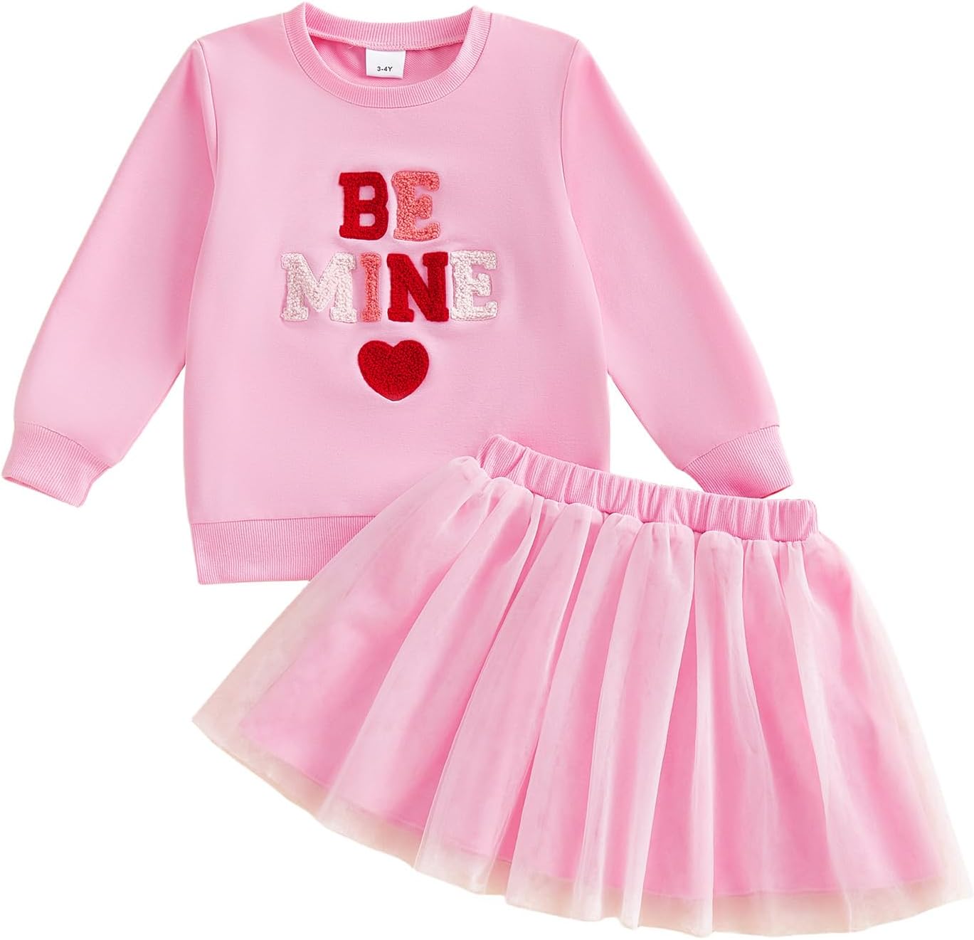 Toddler Valentines Day Outfit Girl BE MINE Heart Embroidery Sweatshirt & Tutu Skirt 2-Piece Set Casual Clothes