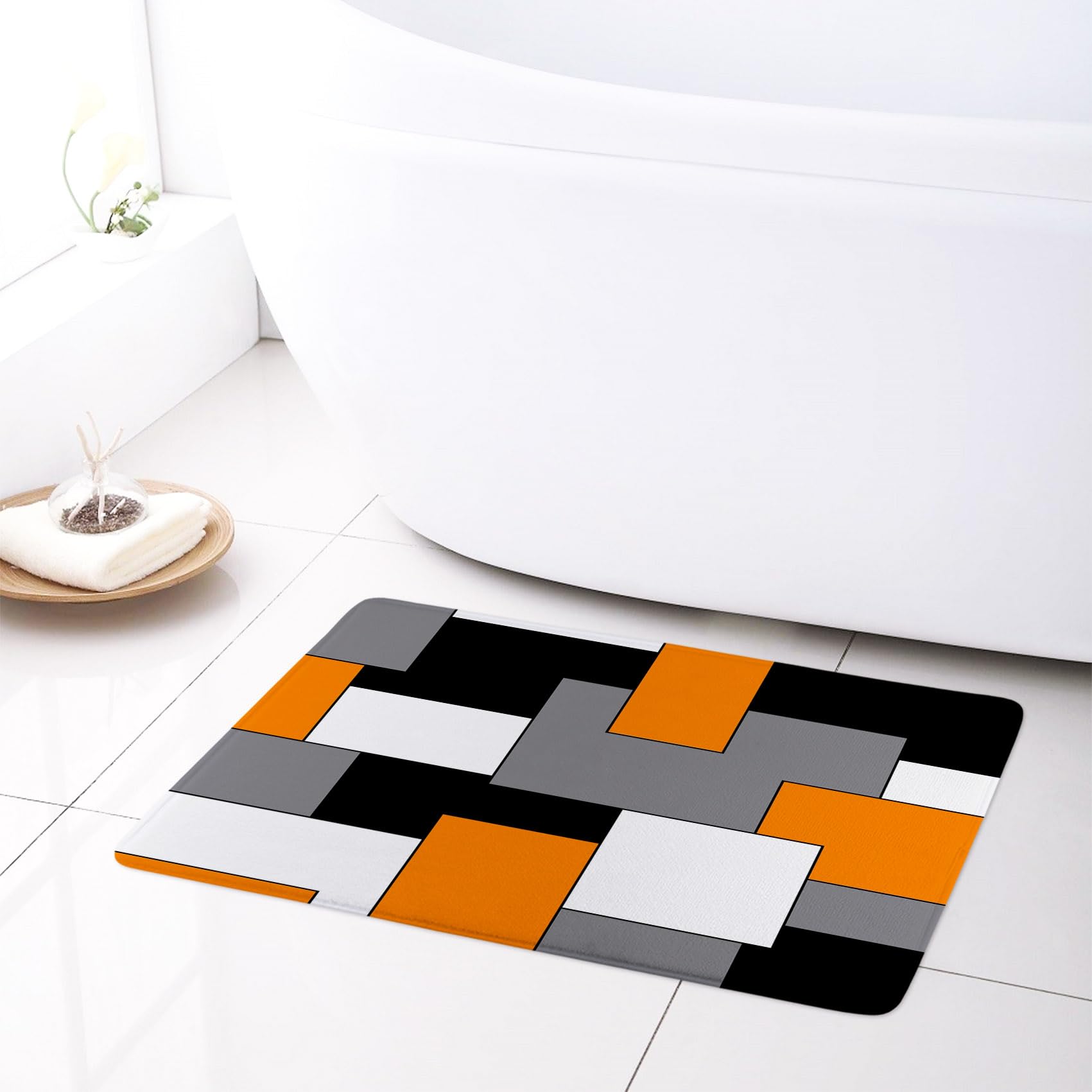 LB Abstract Geometric Bath Mat Orange Grey Checked Doormat 24x16 inch Modern Black White Art Soft Absorbent Washable Floor Mat for Bathroom