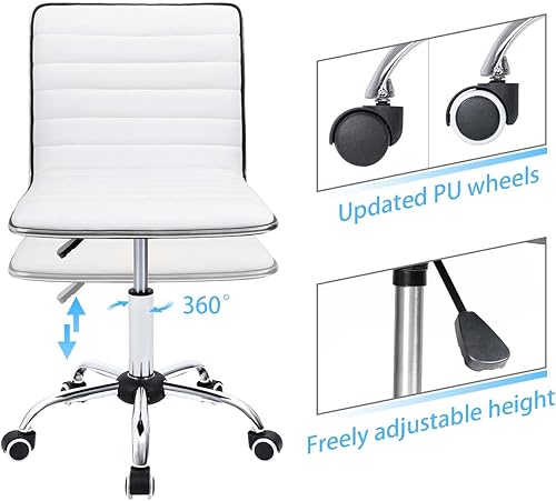 Vista 4 de Furmax Vanity Office Desk Chair with Wheels, Armless Small Cute Leather Makeup Computer Task Chair Adjustable Height 360° Swivel (White)
