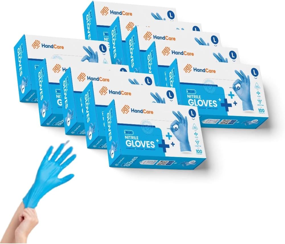 HandCare 4 Mil Blue Nitrile Disposable Exam Gloves, Powder-Free & Latex-Free for Medical, Lab & Cleaning Use