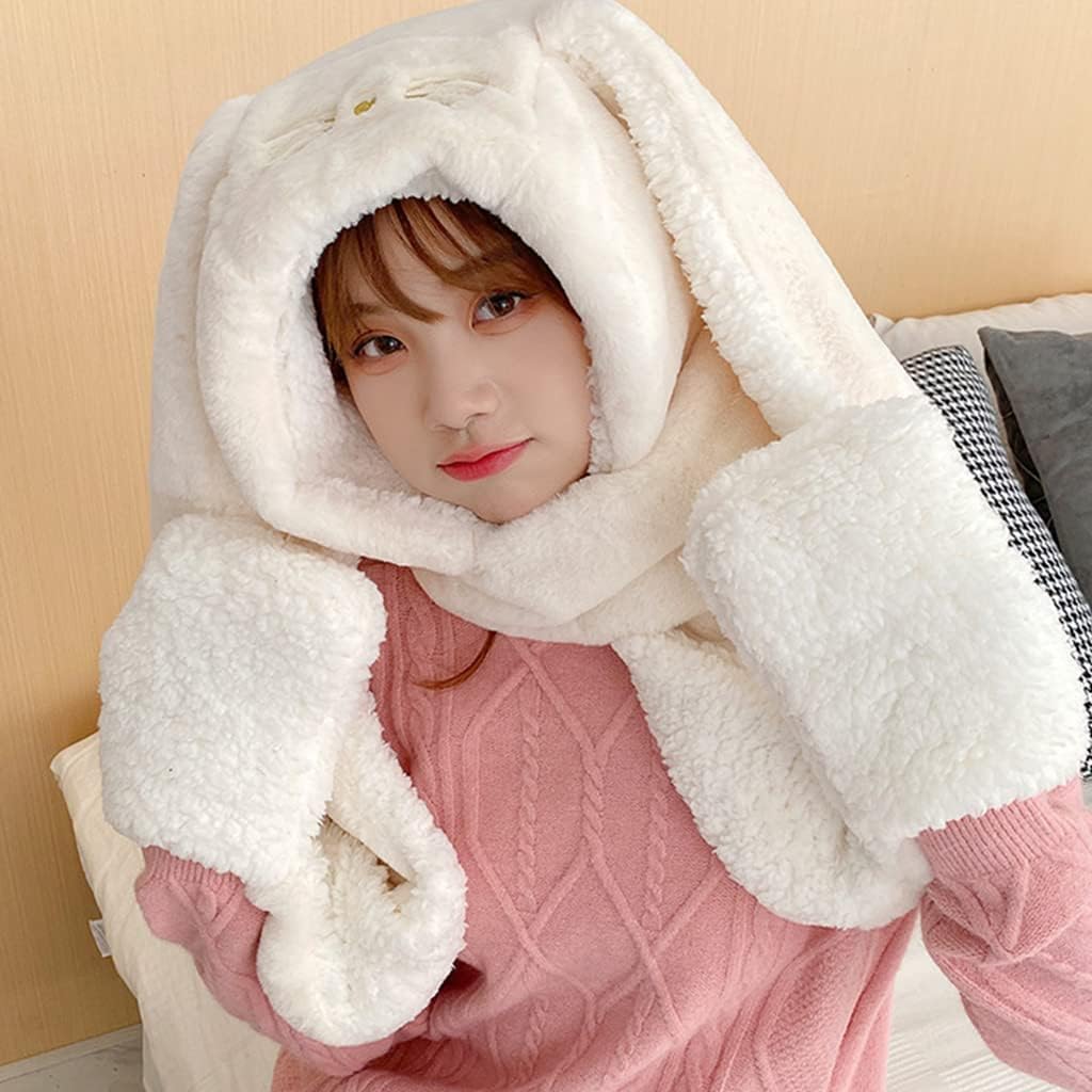 Peiiwdc Rabbit Hat, Long-Eared Plush Winter Warm Scarf Gloves Hoodie Gift for Christmas, New Year, Thanksgiving