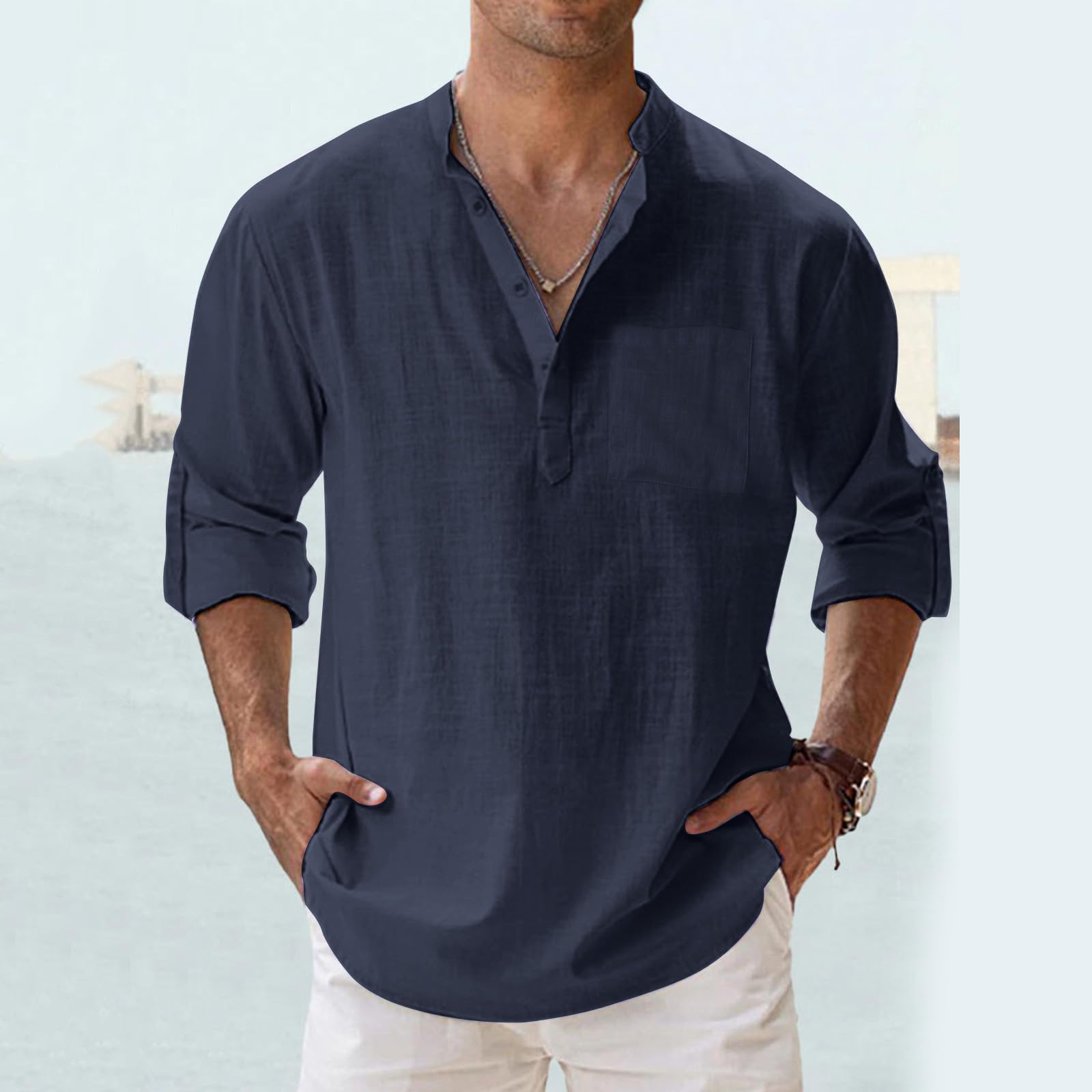 Camisa de manga larga para hombre, cuello alto, color liso, bolsillo