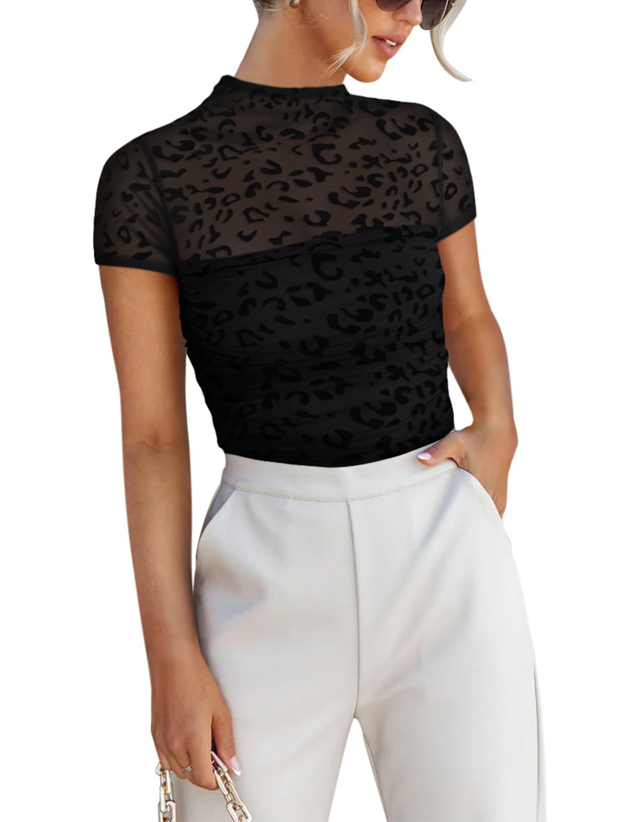 REORIAWomen's Sexy Mock Turtle Neck Short Sleeve Shirts Sheer Mesh Ruched Trendy Going Out Bodysuits Tops