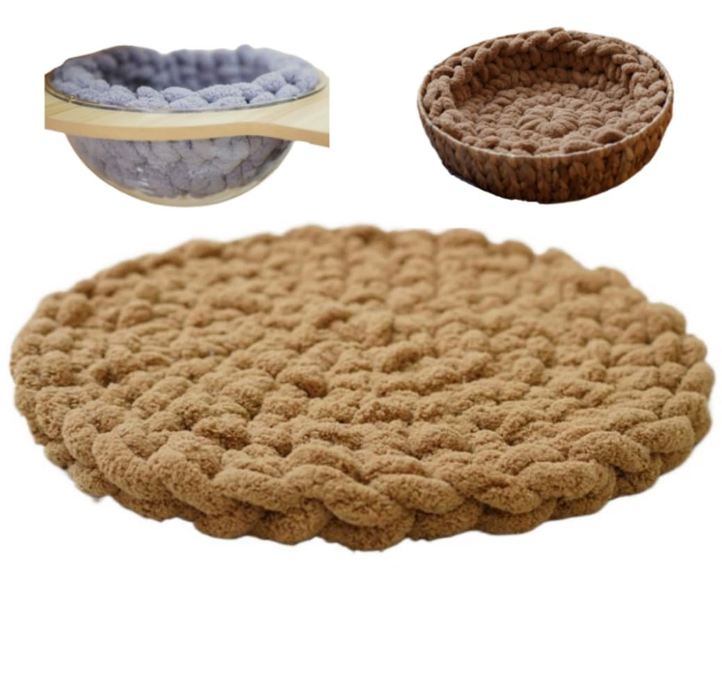 UzeEnde Handwoven Round Cat Bed Mat – Boho Soft Knitted Woven Pet Cushion for Sleeping Kneading Nest Cozy Pad for Capsule Beds Cat Trees Crates Sofa Lounging All Season (45CM,Brown)