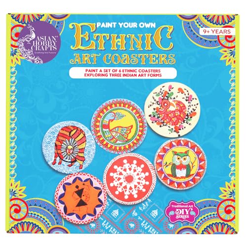 Image of Asian Hobby Crafts DIY Ethnic Coaster Painting Kit - 6 Pre-Marked Coasters, Paint & Brush | Warli, Madhubani, Gond, Indian Folk Art Kit for Kids & Adults (4-12) | Birthday Return Gift Craft Set