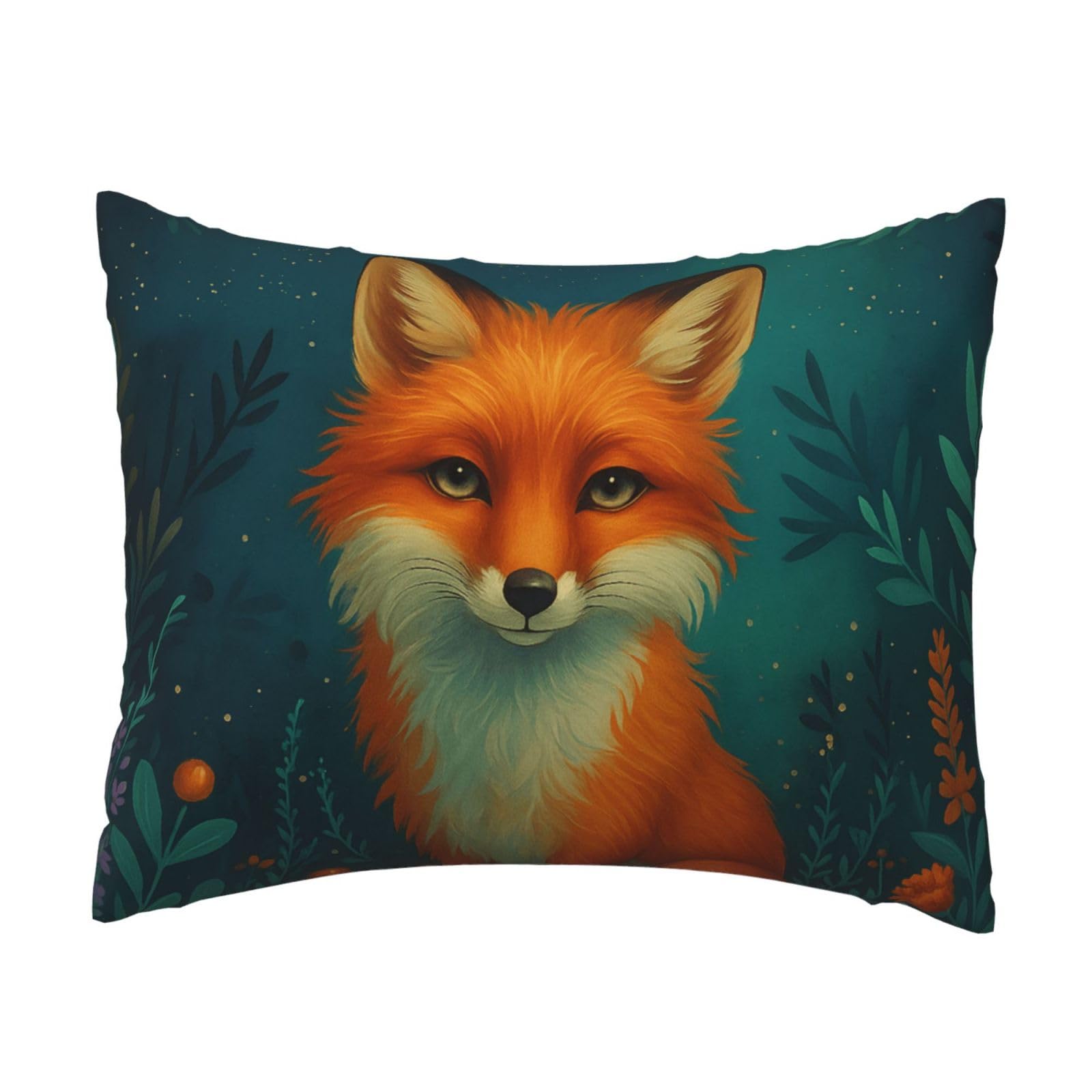 Moonlit Fox in Floral Pillowcase Soft Plush with Zipper Decorative Pillowcovers 16x20 in