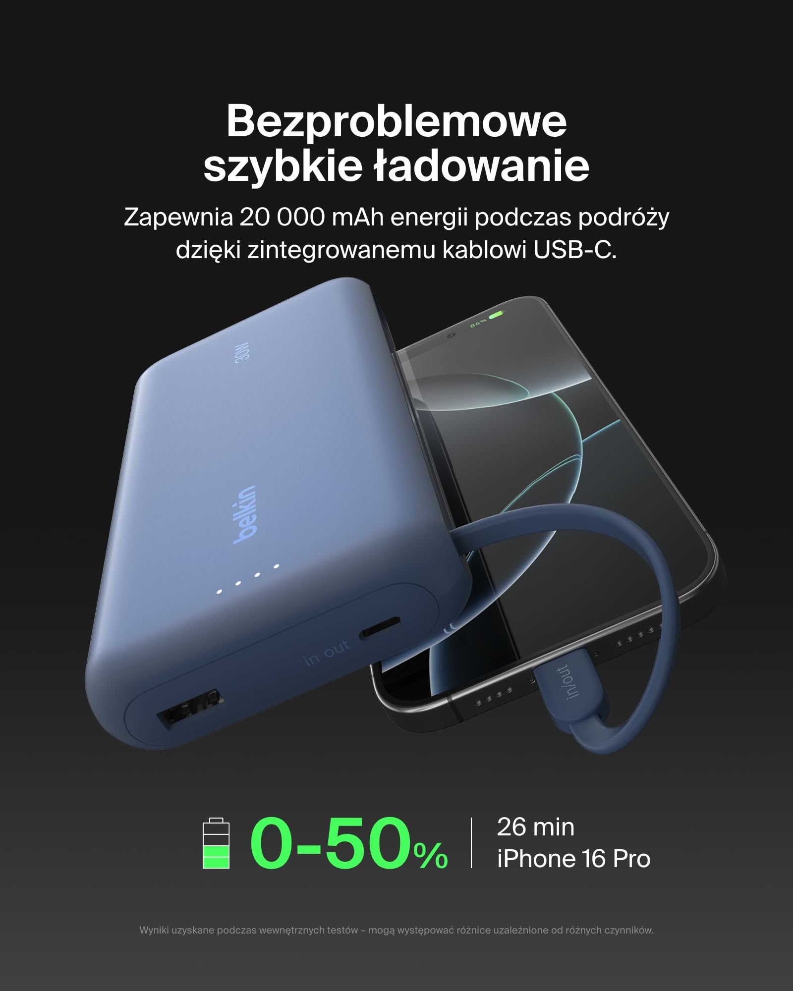 Belkin Przenośna ładowarka, powerbank 20 000 mAh PD 30 W ze zintegrowanym kablem – szybkie ładowanie USB-C Power Delivery, do urządzeń iPhone serii 16, iPad Pro, Galaxy serii S25 i innych – niebieska