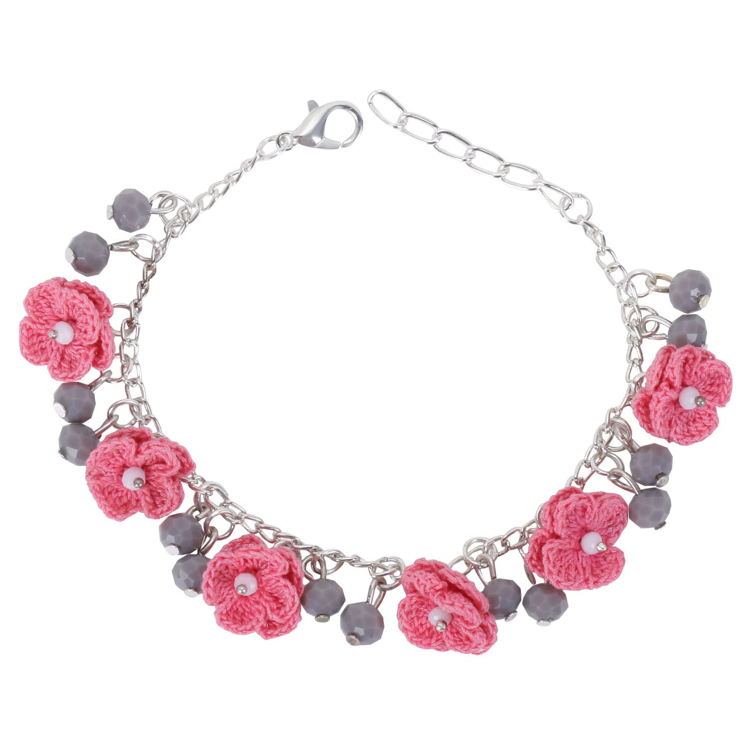 Prapti Handicrafts Crochet Flower Crystal Charms Silver Bracelet Kada For Kids Girls & Women (baby pink, M) (B09YHW8NWZ) Amazon Price History, Amazon Price Tracker