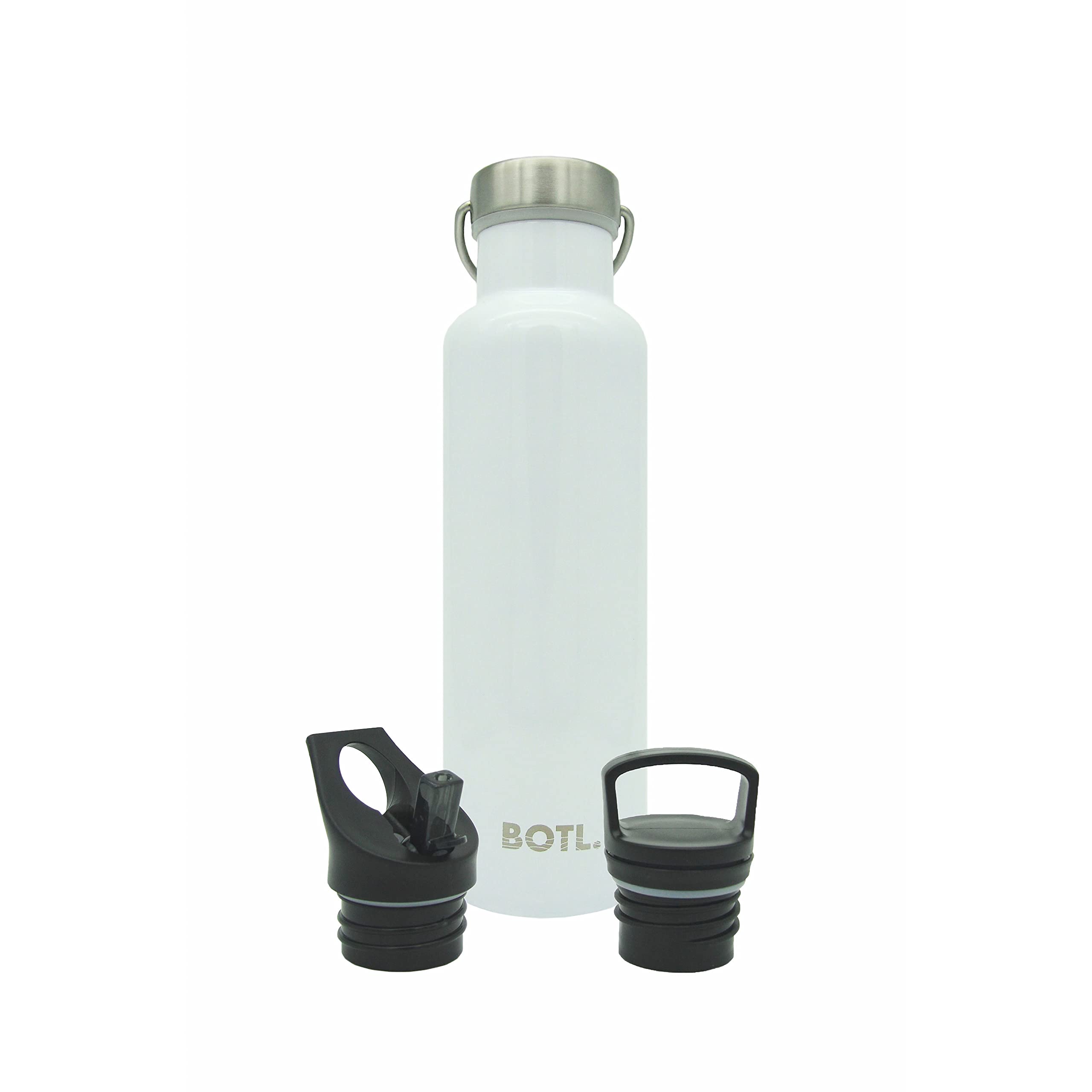 BOTL Sports Water Bottle - 21oz, 3 Lids, Double Layered Thermal Insulated Stainless Steel Flask (620ml, White Ice)