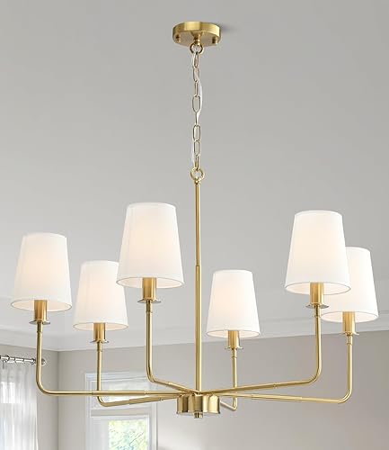 Candelabro clásico de 6 luces con acabado dorado cepillado y pantallas de lino, base E12 lámpara de techo rústica para isla de cocina, comedor,