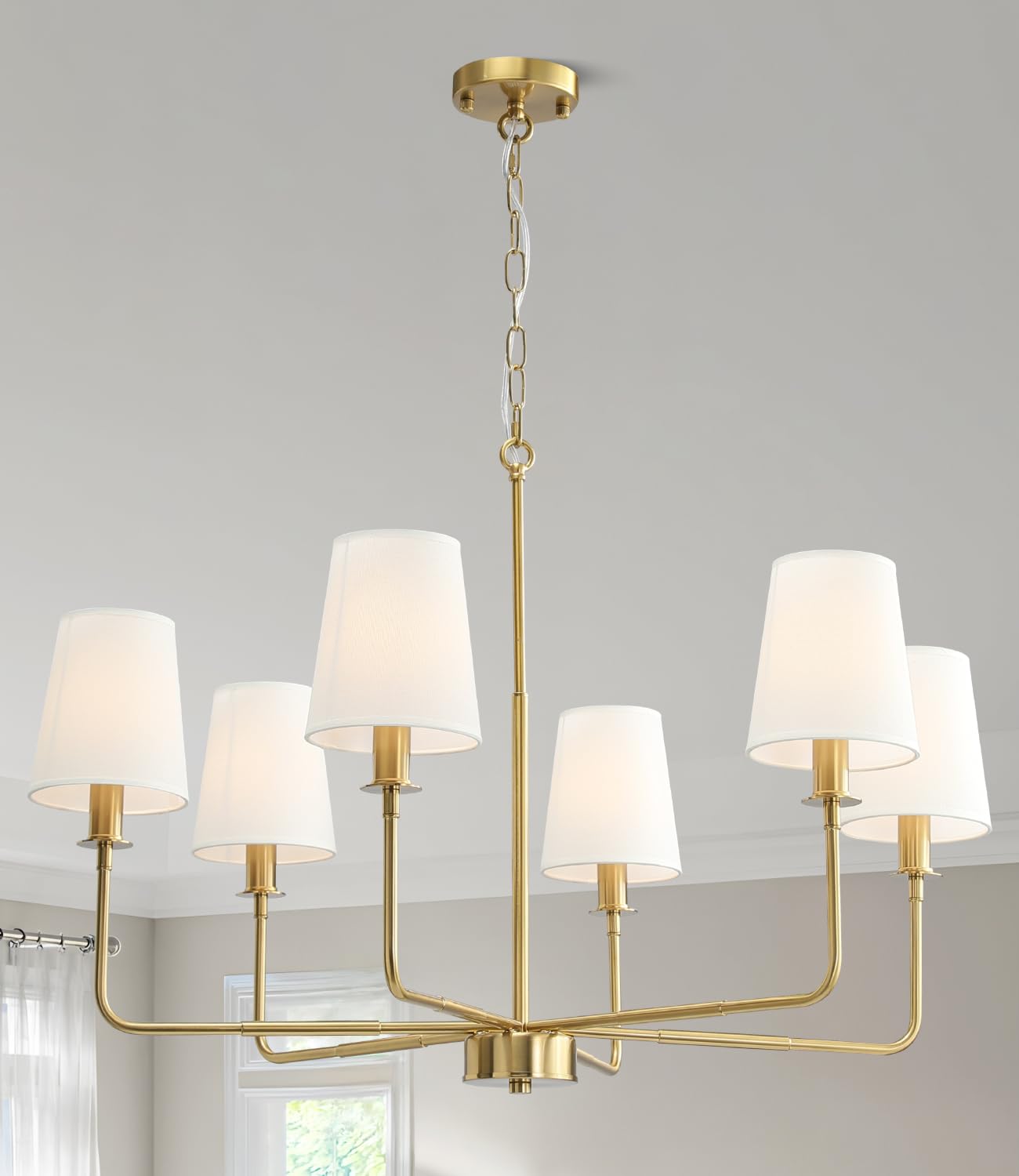 6-Light Classic Chandelier with Brushed Gold Finish Linen Shades E12 Base Rustic Ceiling Light Fixture for Kitchen Island