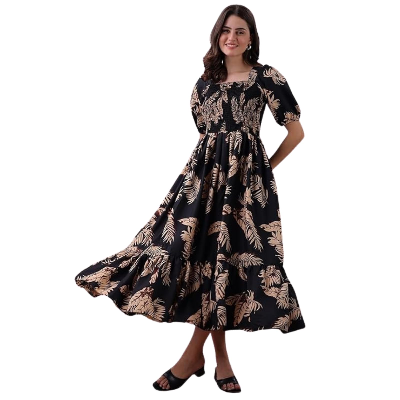 Tropical Print Midi Dress, Puff Sleeve, Square Neck, Black with Beige Palm Leaves Pattern-image-8