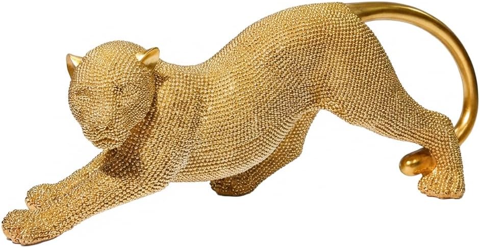 Leopard Statue Home Decor - 15 Inch Gold Cheetah Figurine & Animal Sculpture for Living Room, Shelf, Office - Handcrafted Beaded Modern Table Centerpiece (Gold/Silver)