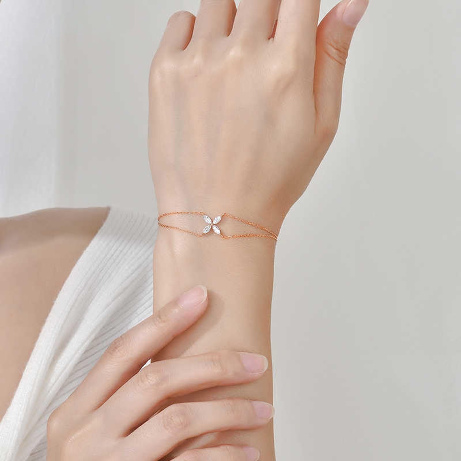 Pulseras de la amistad para adultos, trébol de oro rosa, diamantes de 0,38 quilates, pulseras de oro rosa de 14 quilates para mujer