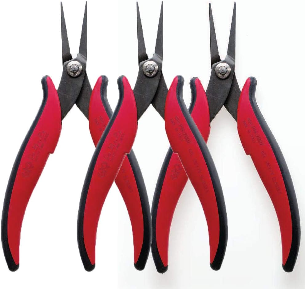 Hakko CHP PN-2007 Long-Nose Pliers, Flat Nose, Flat Outside Edge, Serrated Jaws, 32mm Jaw Length, 3mm Nose Width, 3mm Thick Steel (3 Pack)