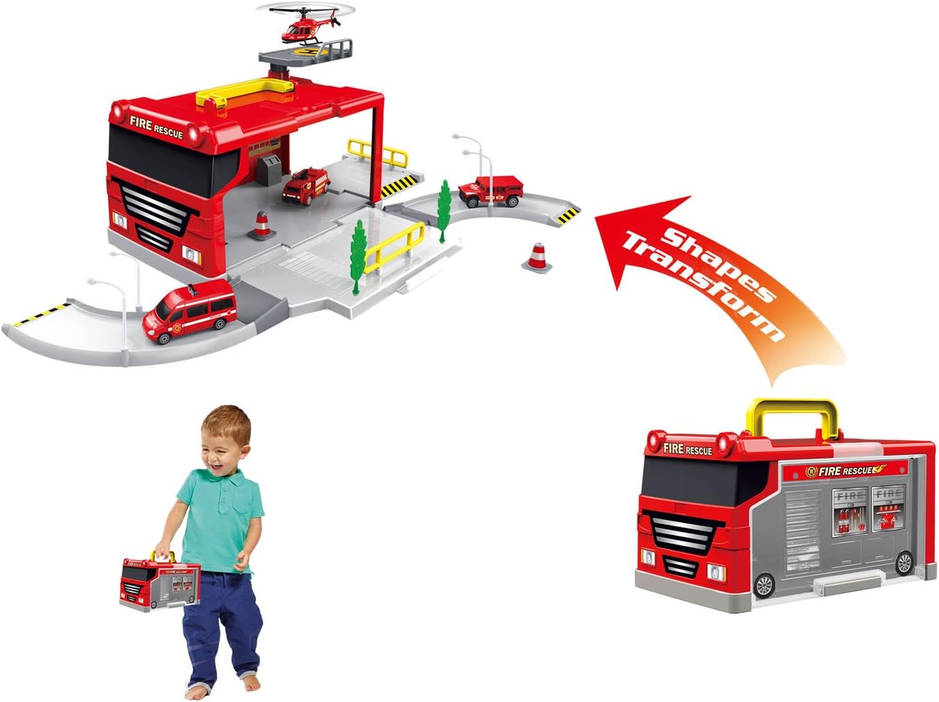 Brigamo Fire Brigade Station Car Parking Race Track with 2 Fire Brigade Toy Cars in Practical Fire Brigade Case with Carry Handle