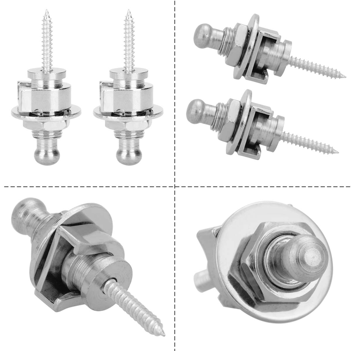 4pcs Fixations Pour Sangle de Guitare Argent Guitare Sangle Strap Locks Boutons Attache-Courroie Pour Guitare et Basse Accessoire à Tête Ronde Mécaniques de Verrouillage Chromées