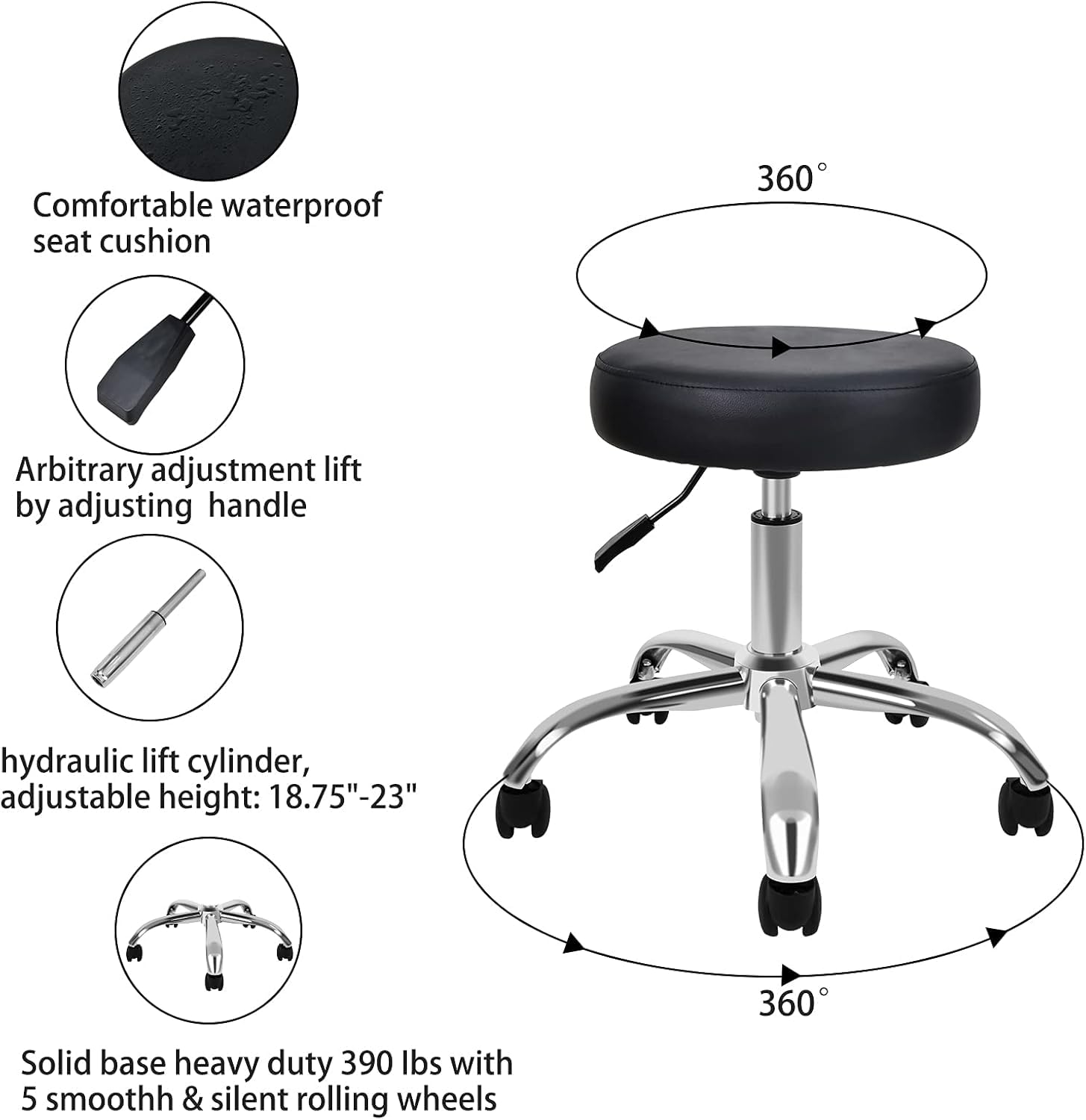 Simple Deluxe Round Rolling Stool Chair with Wheels Height Adjustable, Swivel Stool for Tatoo Lab Massage Salon Spa Bar Office, Thick Seat Padding 14 inches, Black
