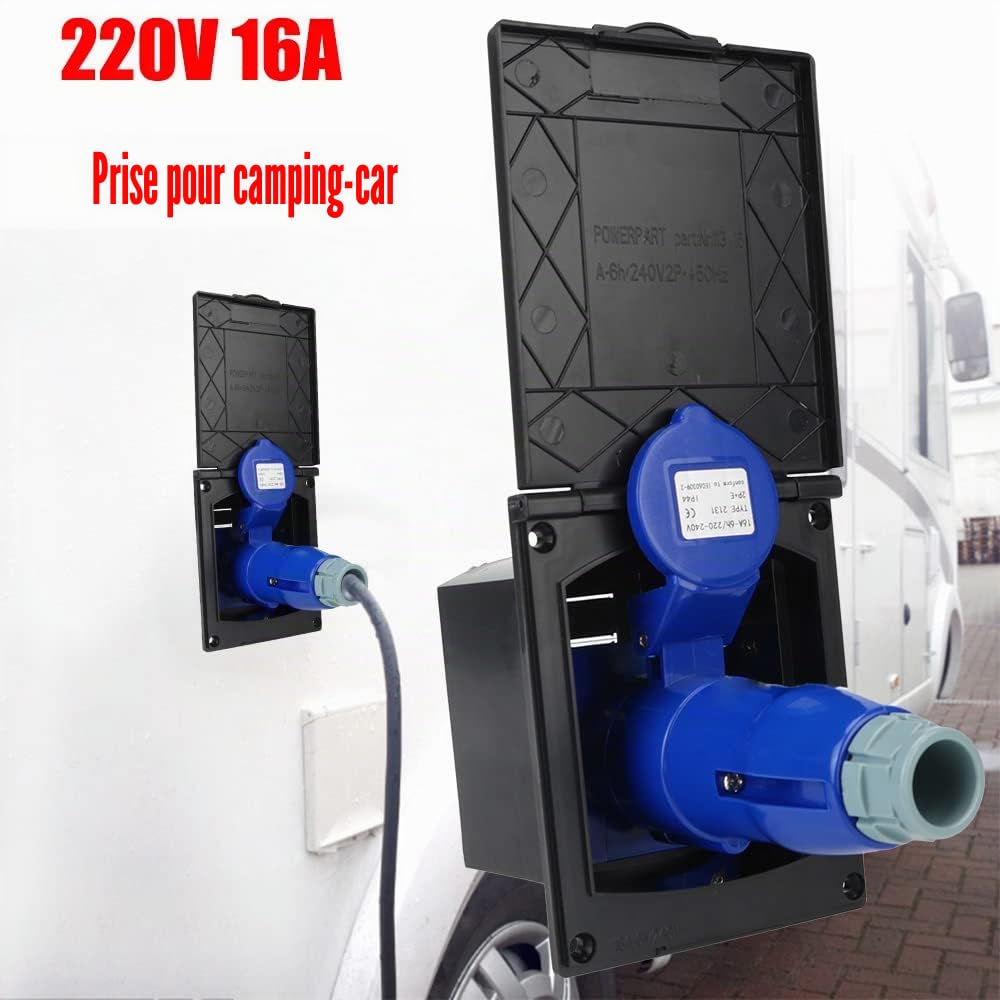 Riloer Prise et fiche de connexion 220V 16A pour véhicules récréatifs avec borne en cuivre pur, prise d'accessoires de caravane avec couvercle de protection, pour camping-car, remorque caravane