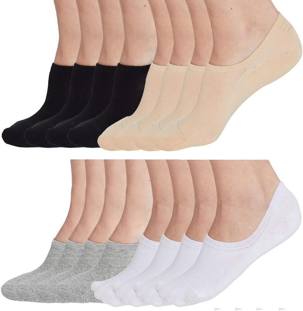No Show Socks For Women Casual Low Cut Sock Liners With Non Slip Grips Women's Cotton Invisible Socks (US Women's shoe 5-8.5, 8 Pack_4 Colors (2 Pairs Per Each Color))