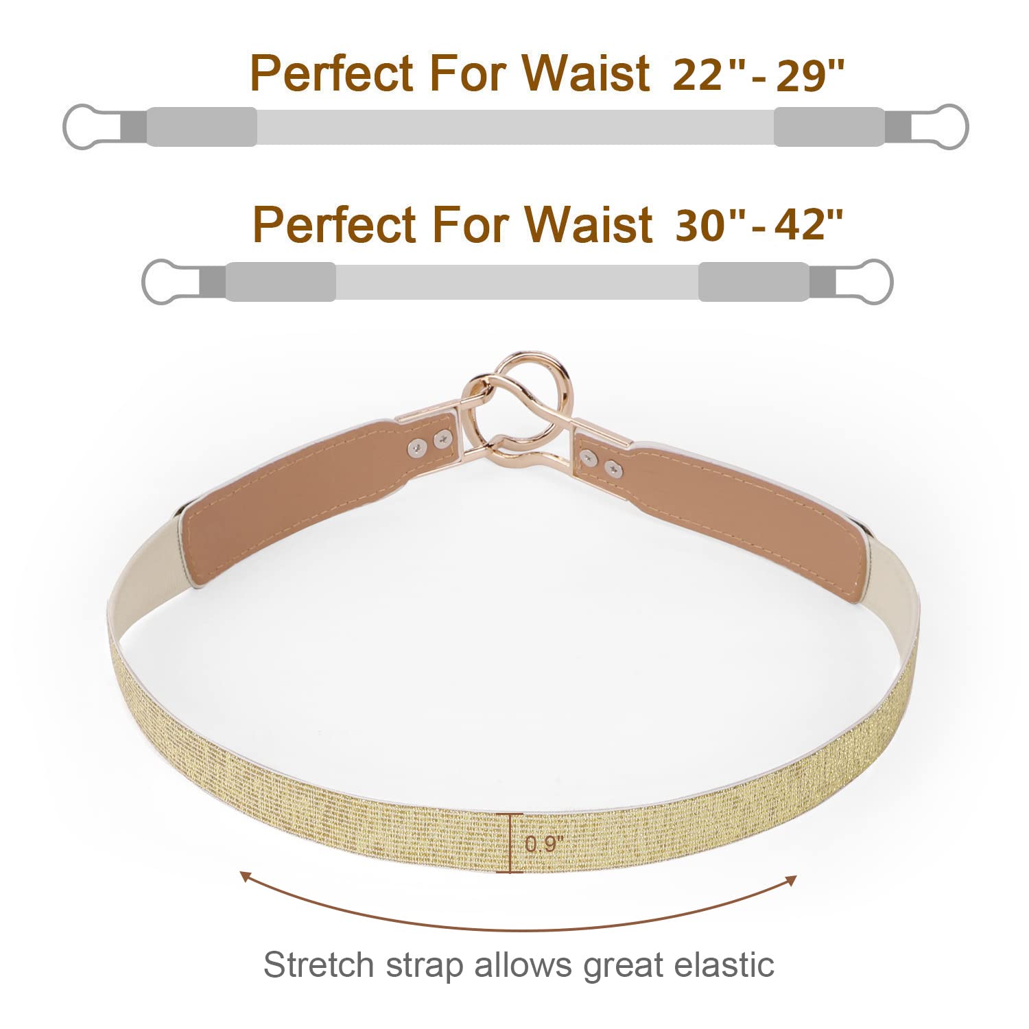 WERFORU Women Skinny Belt for Dresses Retro Stretch Waist Belt with Gold Buckle Set of 4: Fits Waist 29"-40" O-black+brown+white+gold
