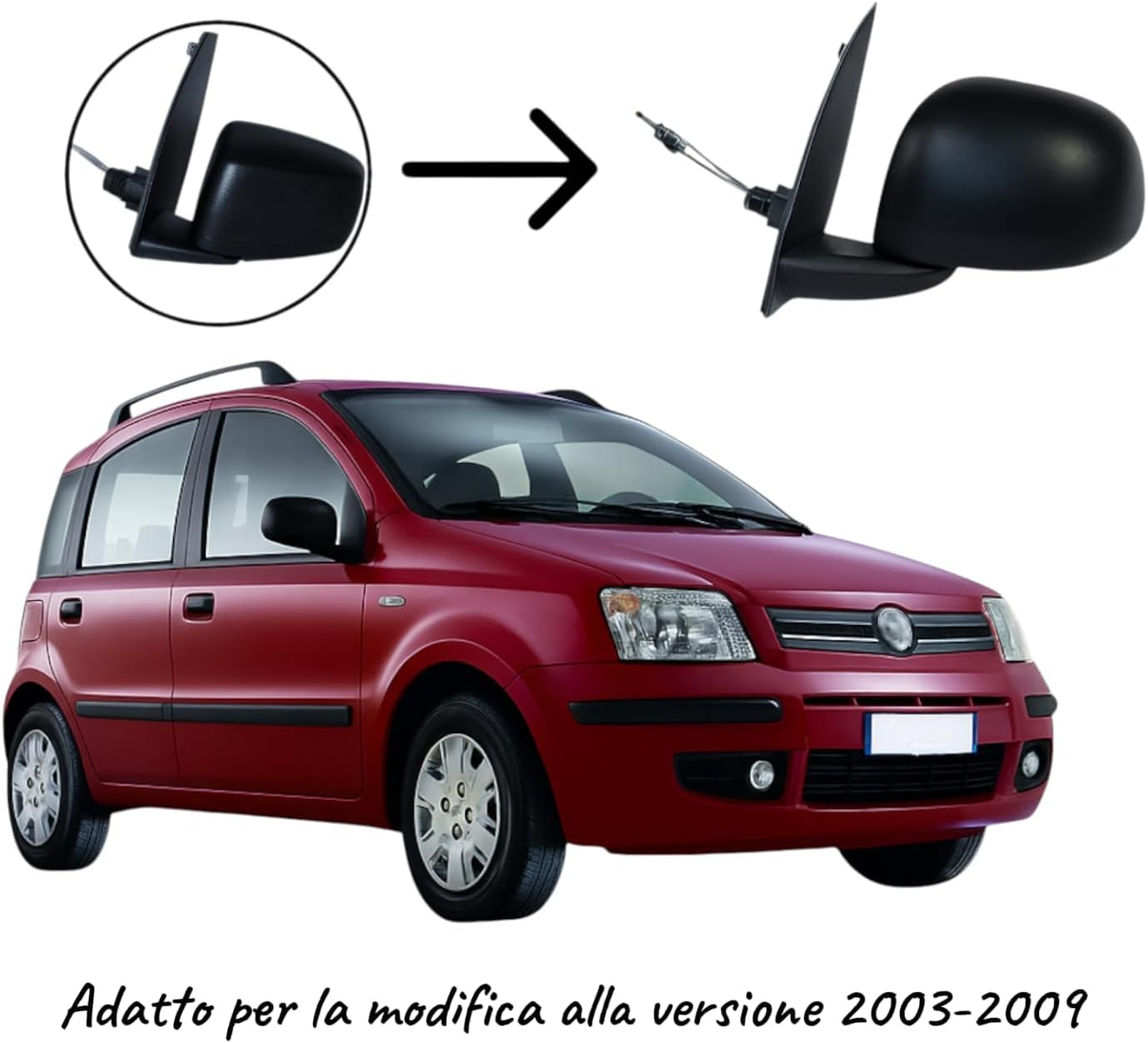 Specchietto Retrovisore COMPLETO Sinistro Meccanico Nero per Panda 169 2009-2011- Compatibile, Non originale, adatto per la modifica da specchi piccoli a specchi grandi (Sinistro - Lato Guida)