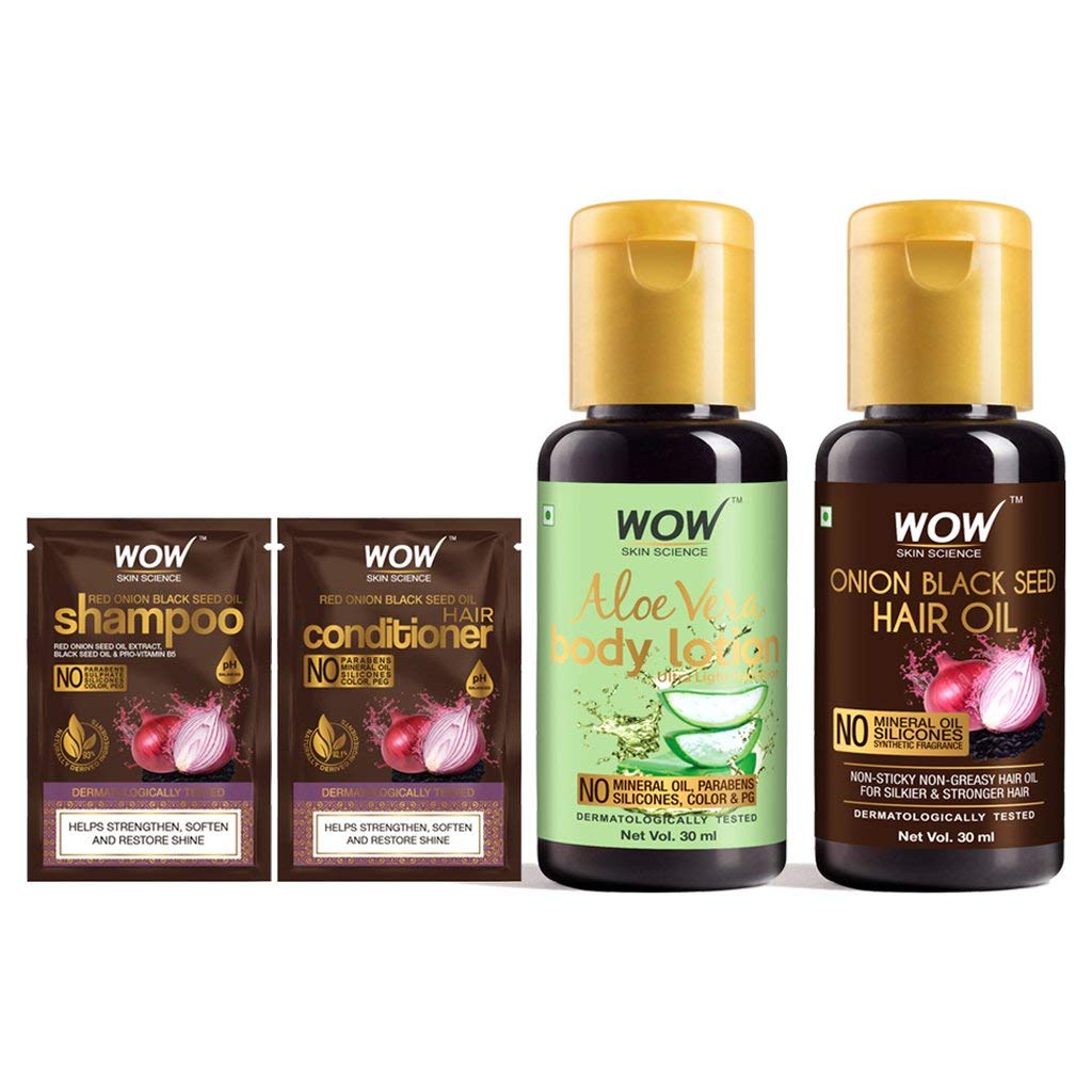 WOW Skin Science Onion Hair Shampoo & Hair Conditioner + Aloe Vera Daily Body Lotion (Ultra Light) +