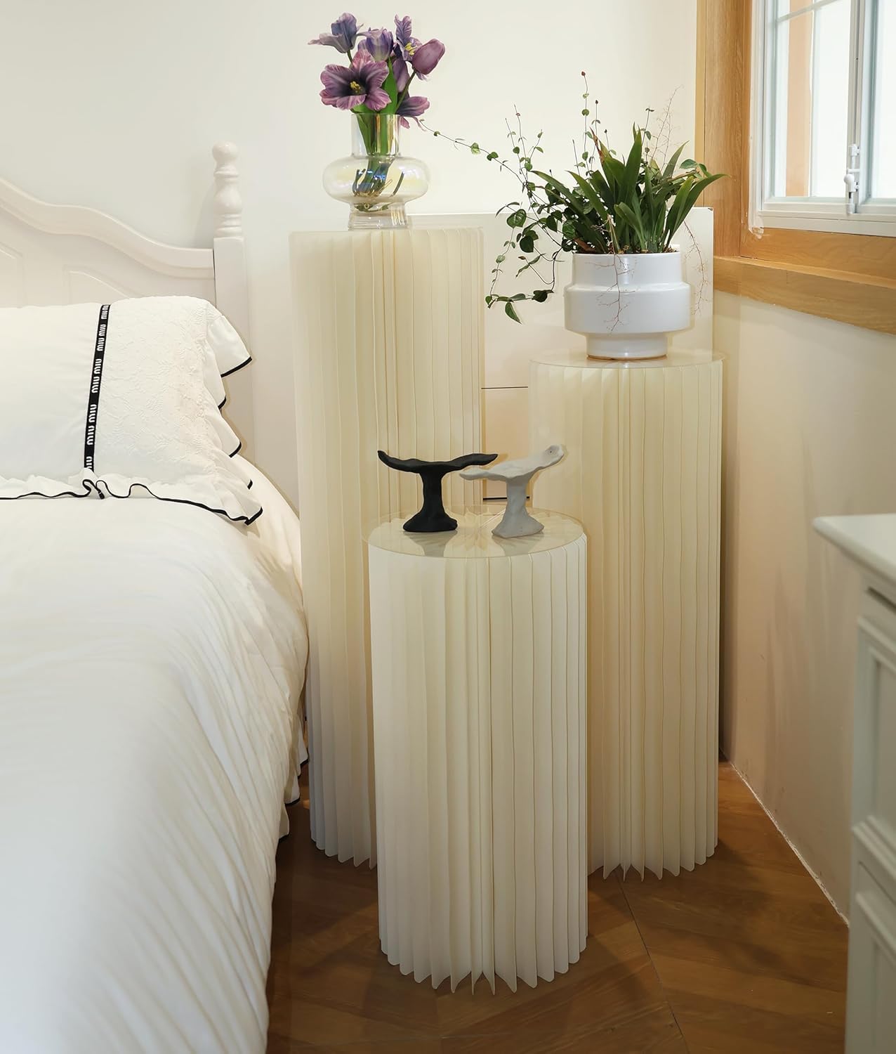 3PCS Hochzeit Karton Blumensäule Vasen mit Weißem Stoffbezug, Faltbarer Blumenständer Dekosäule Weiß Zylinderförmige Blumenständer für Hochzeit Verlobung Geburtstag Tischdekoration