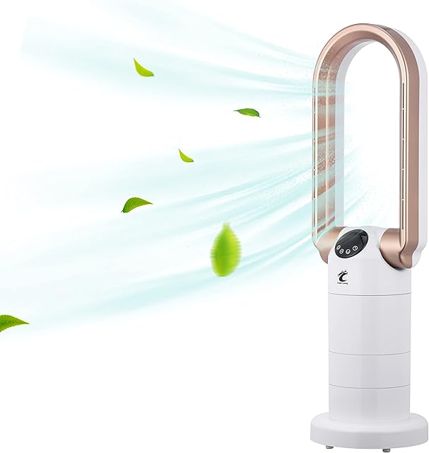 Bladeless Tower Fan and H13 HEPA Air Purifier in One, 120°Oscillating & 210°Tilt Head Table Fan, 29inch 28W Desk Fan with Remote, 9 Speeds 9H Timer Air Circulator for Bedroom Office Home(Gold)