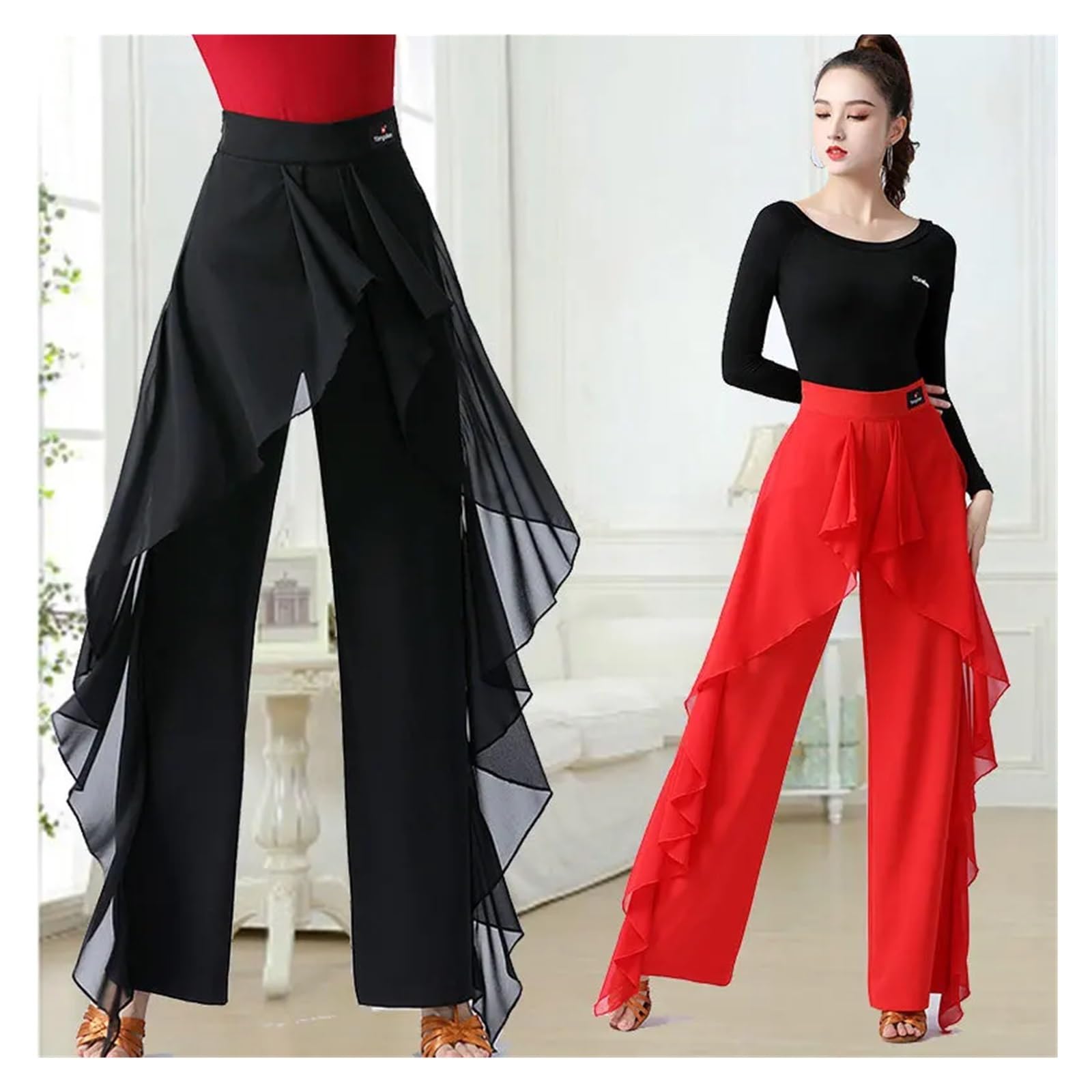 Pantalone Donna Elegante Pantaloni da Ballo Latino for Donna, Moderno, a Vita Alta, con Volant, Sala, Tango, for esibizioni e Prove