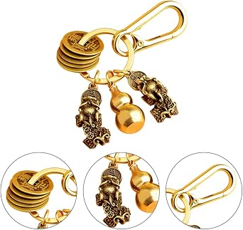 NUOBESTY Wu Lou Key Chain Chinese Gourd Keychain with Feng Shui Coins Brass Fengshui Key Ring for Wealth Fortune Health Good Luck Without Cinnabar Golden