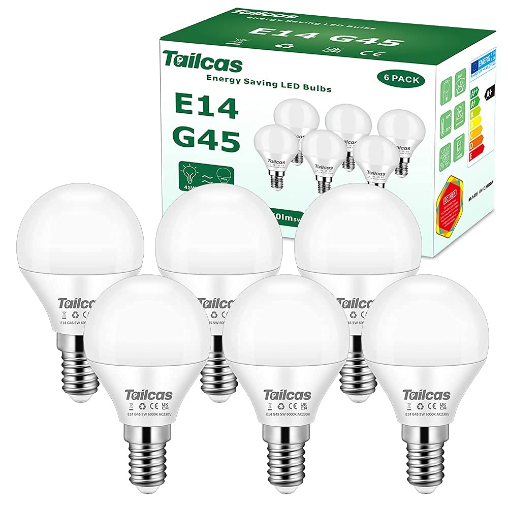 E14 Led Birne kaltweiß, 5W Lampe P45/G45 Golf Glühbirne (ersetzt 40W 45W Glühlampen) 6000K Tageslicht weiß, 450lm Tropfenform E14 Leuchtmittel, Nicht Dimmbar Energiesparlampe, AC 220-240V, 6er-Pack