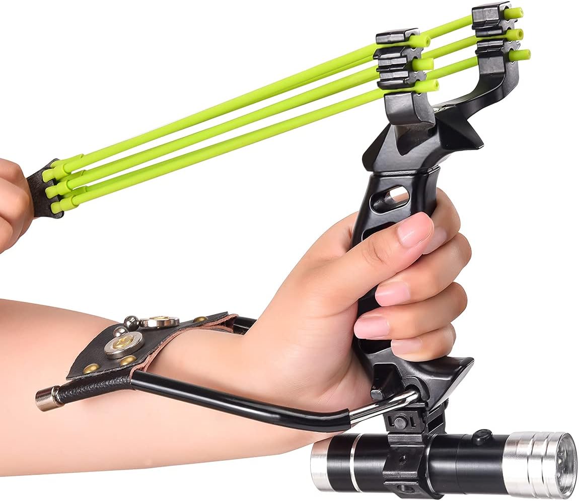 NOBONDO Strong Folding Slingshot - Powerful Adjustable Slingshot Rocket with Wrist Brace Hunting Survival Catapult with 2 Rubber Bands and 100 Ammo Balls