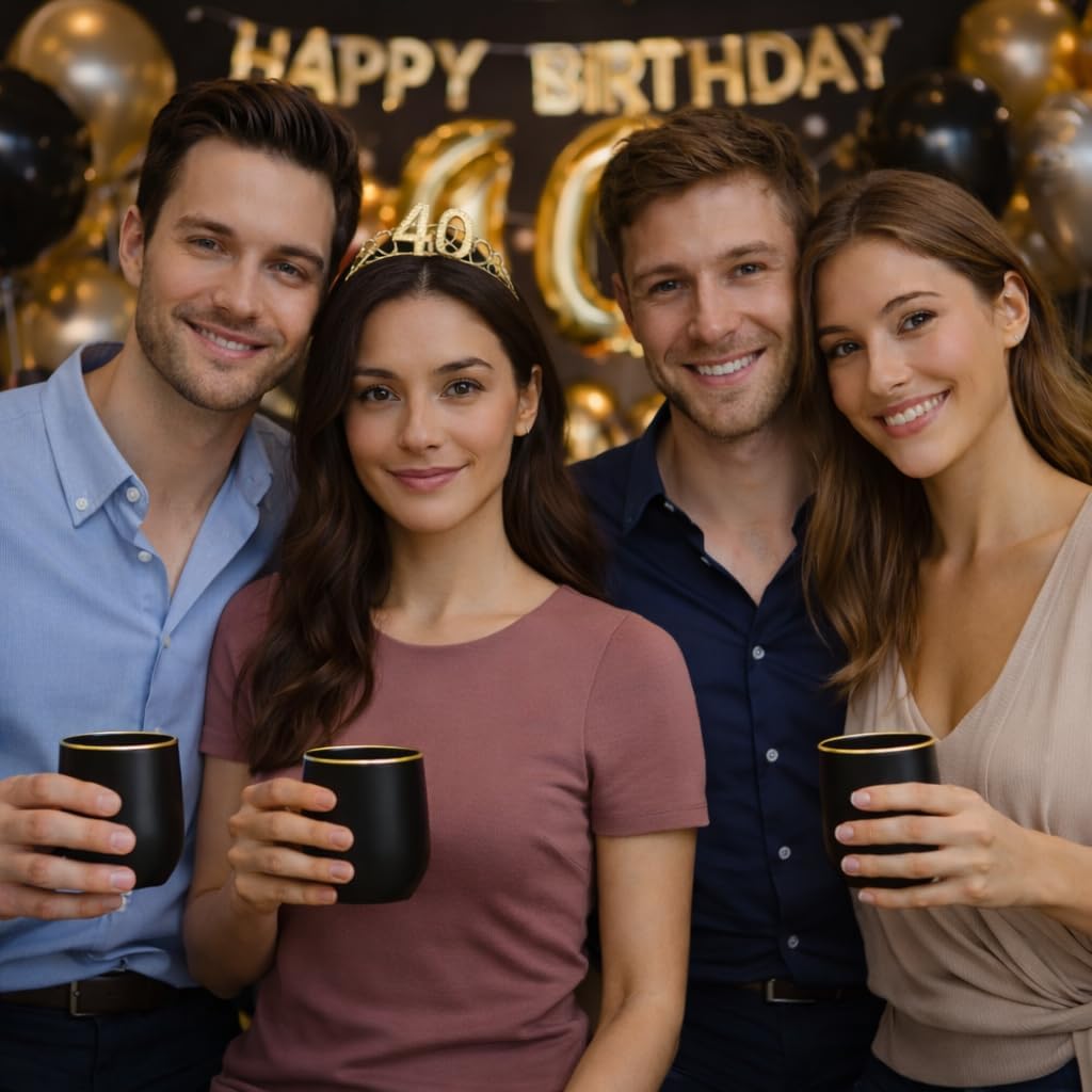 Oojami 40 count 12 Ounce Cups Unbreakable Stemless Plastic Wine Champagne Whiskey Glasses Elegant Durable Disposable Indoor Outdoor Ideal for Home, Office, Bars, Wedding, Black Gold Rim Matte - Image 9