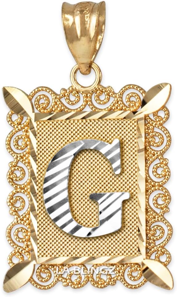 LA BLINGZ 14K Gold Filigree Alphabet Letter 'G' Initial Personalized Charm Pendant (S/M/L)