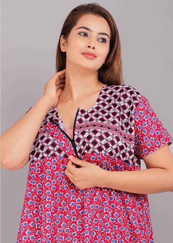 Image of Women Flower Printed Casual Wear Cotton Nighty - Gown-MFNT5014