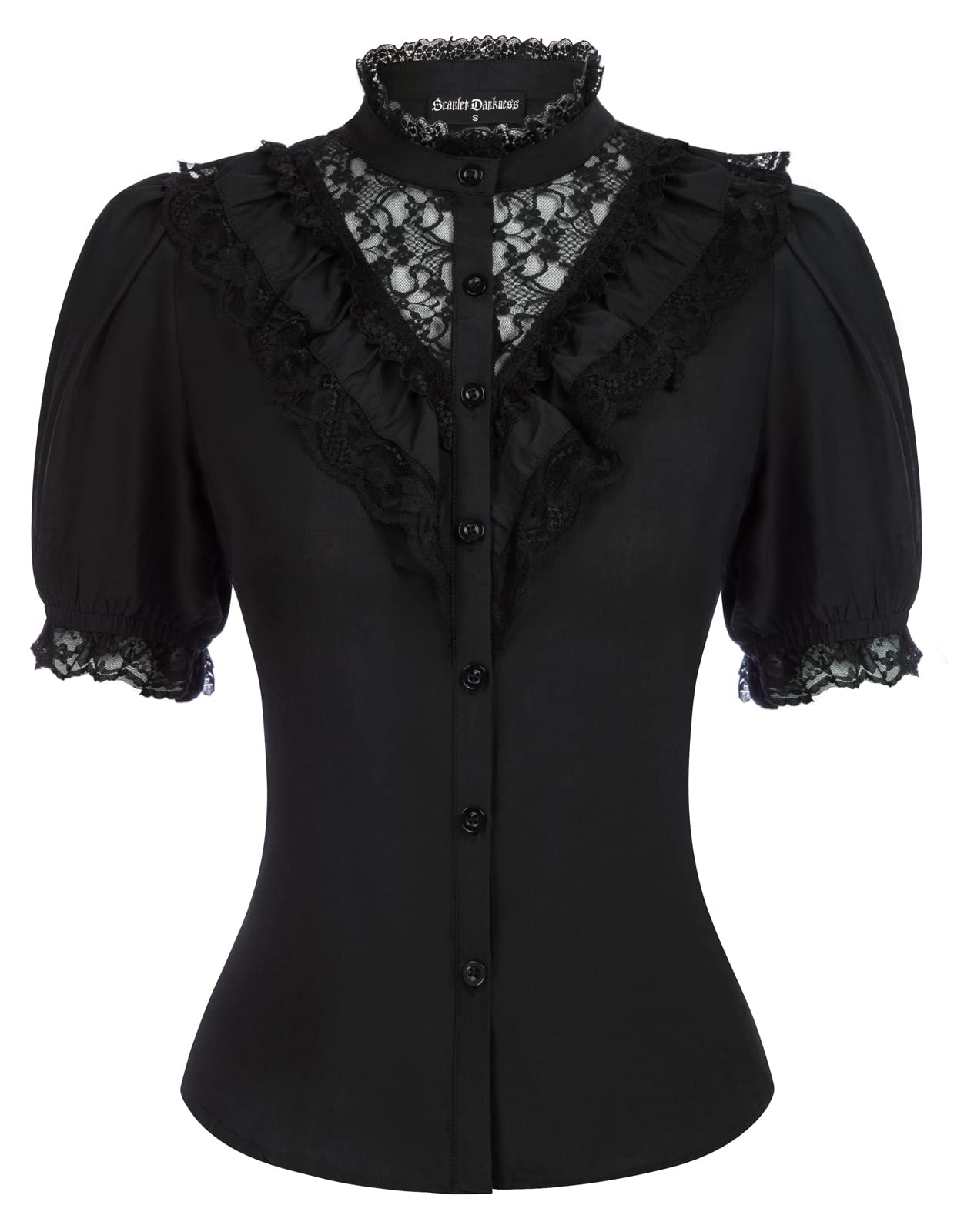 SCARLET DARKNESS Blusa victoriana con volantes de manga corta con cordones, blusa medieval para mujer