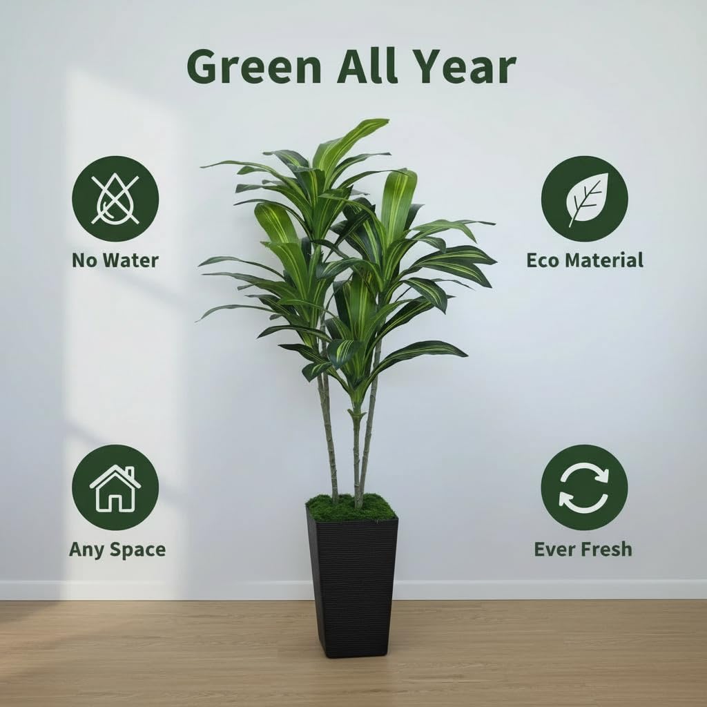 Artificial Dracaena Tree 5FT, Fake Tree with Black Tall Planter - Faux Yucca Tall Fake Floor Plant in Pot - Artificial Plant for Home Office Living Room Decor Indoor