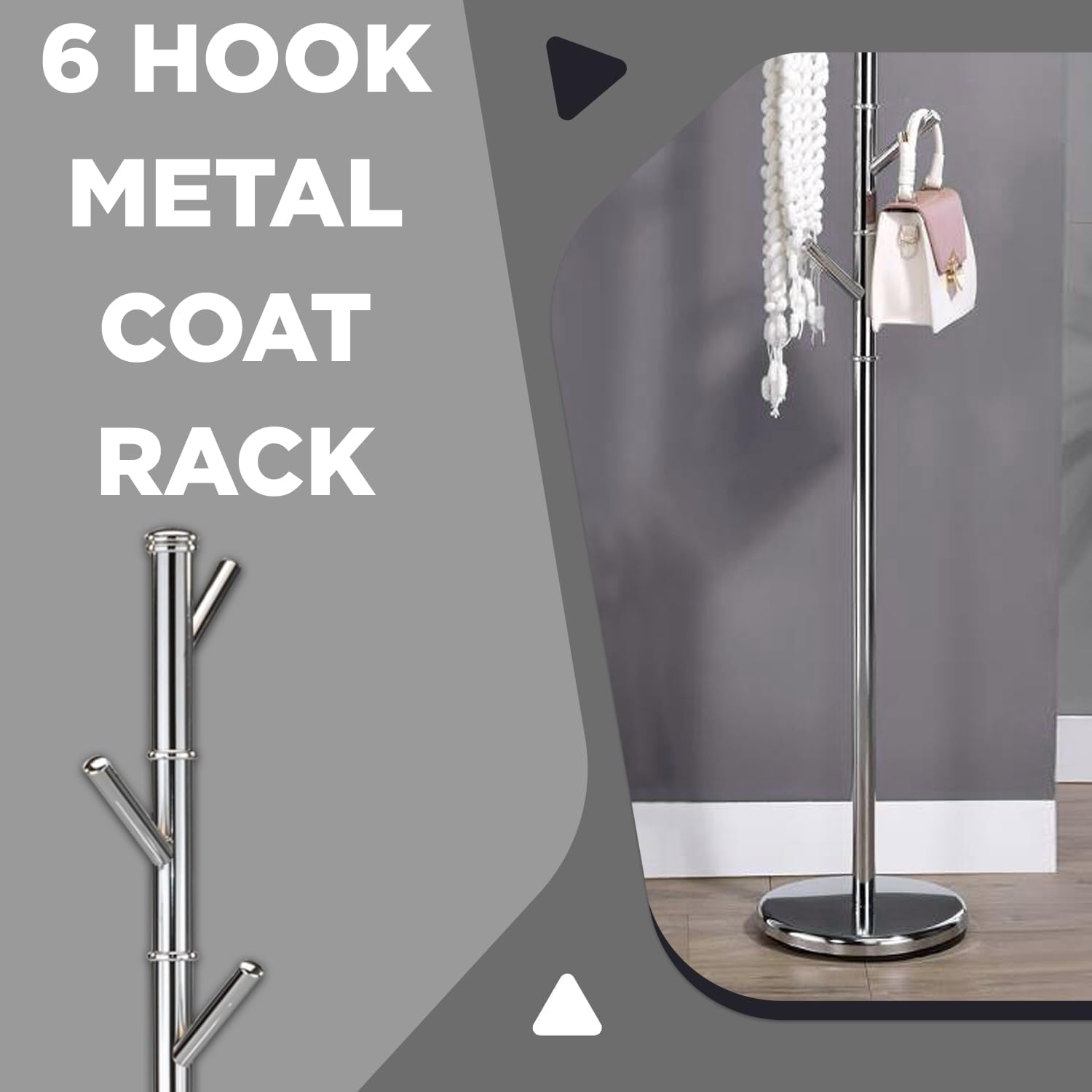 KB Designs - 6 Hook Metal Standing Coat and Hat Hanger Organizer Rack, Chrome