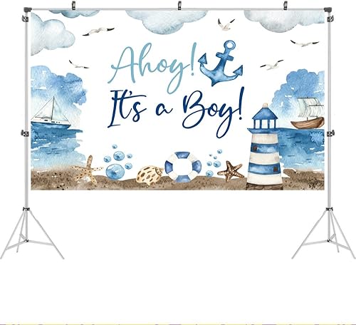 Miniatura 2 de Ticuenicoa Telón de fondo náutico para baby shower, 5 x 3 pies, nubes azules y blancas, diseño de barco faro para revelación de género, cabina de
