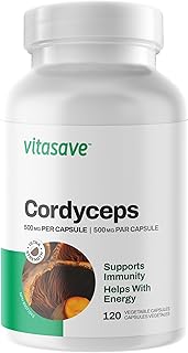 Vitasave Cordyceps Mushroom Capsules [120 Count] - 100% Pure - Ultra Strength 1000mg - Natural Energy and Endurance Support Supplement - Non-GMO, Gluten-Free, and Easy to Take Capsules for Immune Function, Athletes, and Busy Professionals | 60 day supply