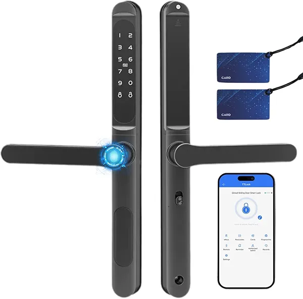 Sliding Door Smart Lock Keyless Entry Sliding Door Lock with Fingerprint Code IC Card Keypad Digital Key APP Remote Replacment Slim Thin Frame Patio Door with Handle (Black-Left Handle)